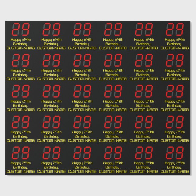 29th Birthday: Red Digital Clock Style "29" + Name Wrapping Paper (Flat)