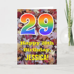 29th Birthday; Rustic Autumn Leaves; Rainbow "29" Card