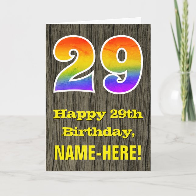 29th Birthday: Rustic Faux Wood Look, Rainbow "29" Card (Front)