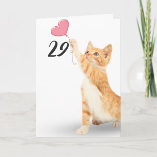 29th birthday tabby cat with heart balloon card