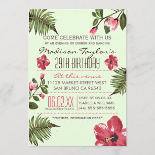 29th Party Exotic Hibiscus & Tropical Palm Leaves Invitation