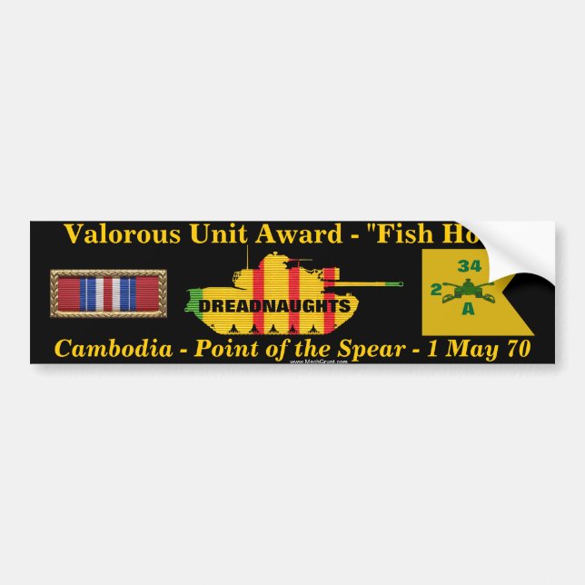 2/34th Armour Valorous Unit - Cambodia "Fish Hook" Bumper Sticker (Front)