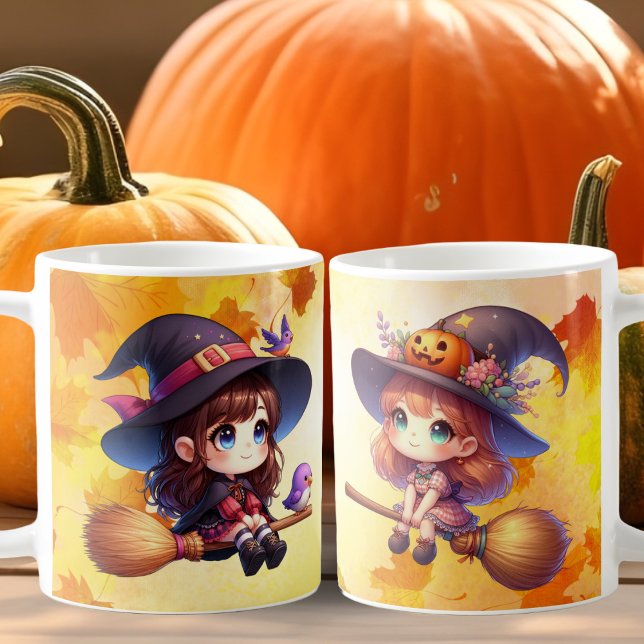 2 Adorable Cute Witch with brooms, Halloween Coffee Mug (Creator Uploaded)