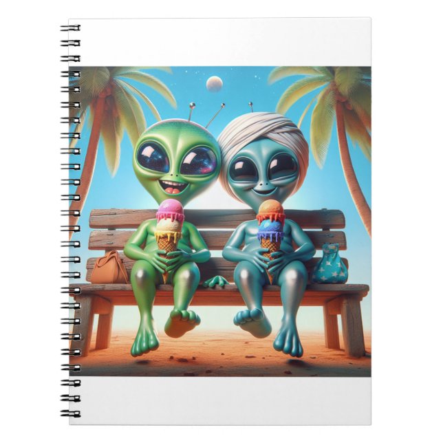 2 aliens having ice cream cones on a bench notebook (Front)