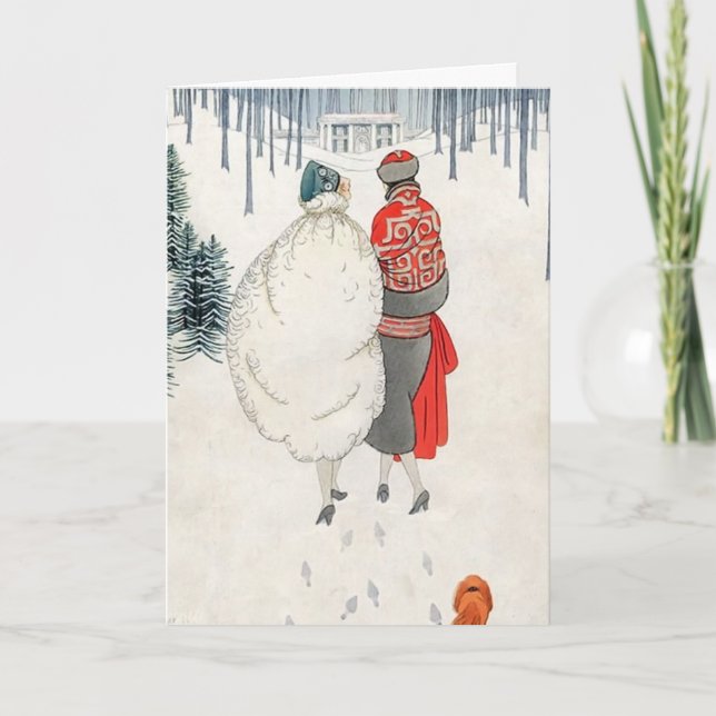 2 Art Deco Women Walking in Snow 1923 Holiday Card (Front)