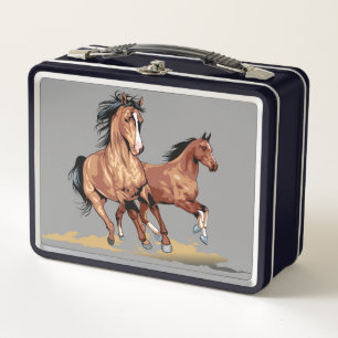 2 Beautiful Horses Running Metal Lunch Box