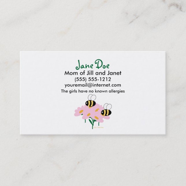2 Bees & Pink Flowers Centred Calling Card (Front)