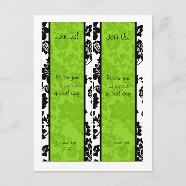 2 Black/Lime Green Floral Damask Wedding Bookmarks Postcard (Front)