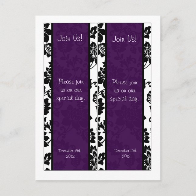 2 Black/Purple Floral Damask Wedding Bookmarks Postcard (Front)