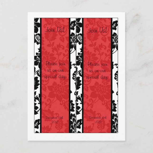 2 Black/Red Floral Damask Wedding Bookmarks Postcard (Front)
