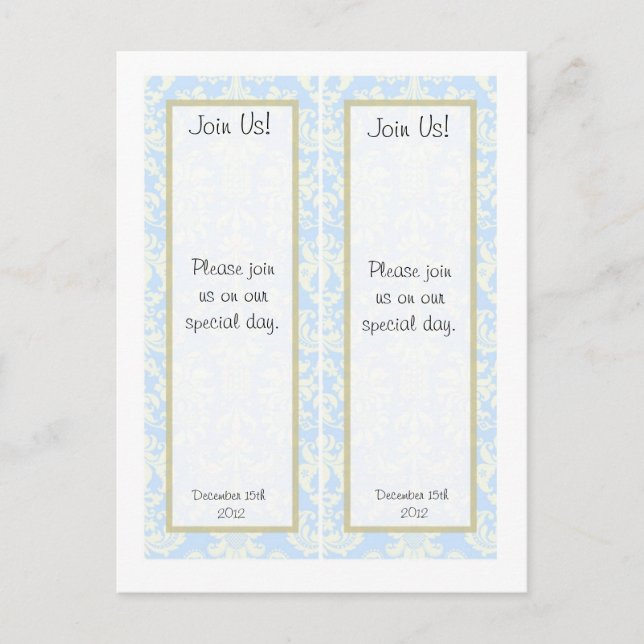 2 Blue/White Damask Wedding Save the Date Bookmark Announcement Postcard (Front)