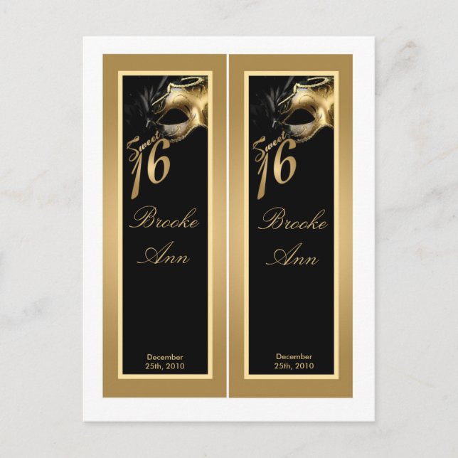2 Book Marks Sweet 16 Gold Black Party Invitation Postcard (Front)