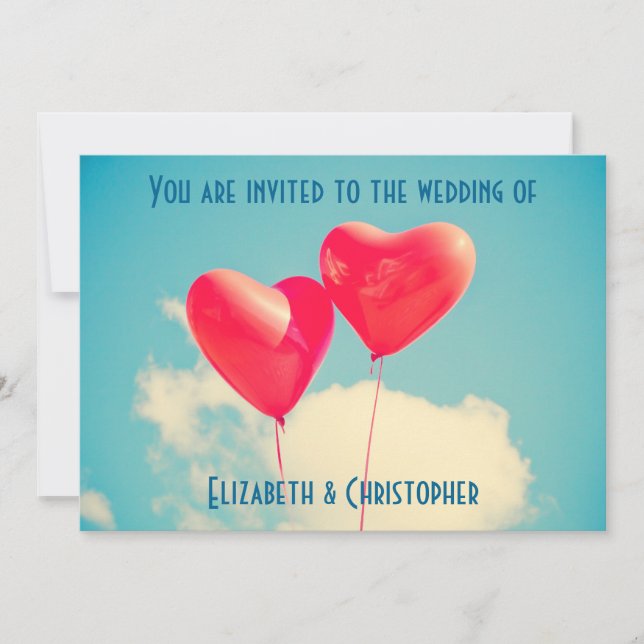 2 Bright Red Heart Shaped Balloons Wedding Invitation (Front)