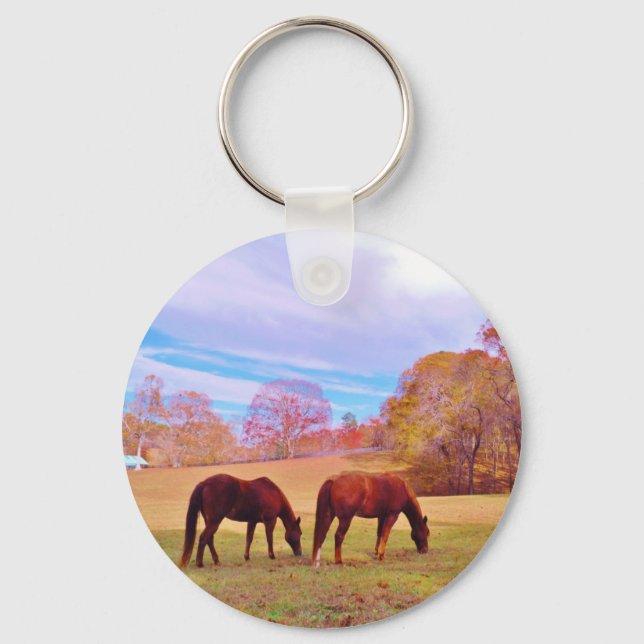2 Brown horses in a coloured field Key Ring (Front)