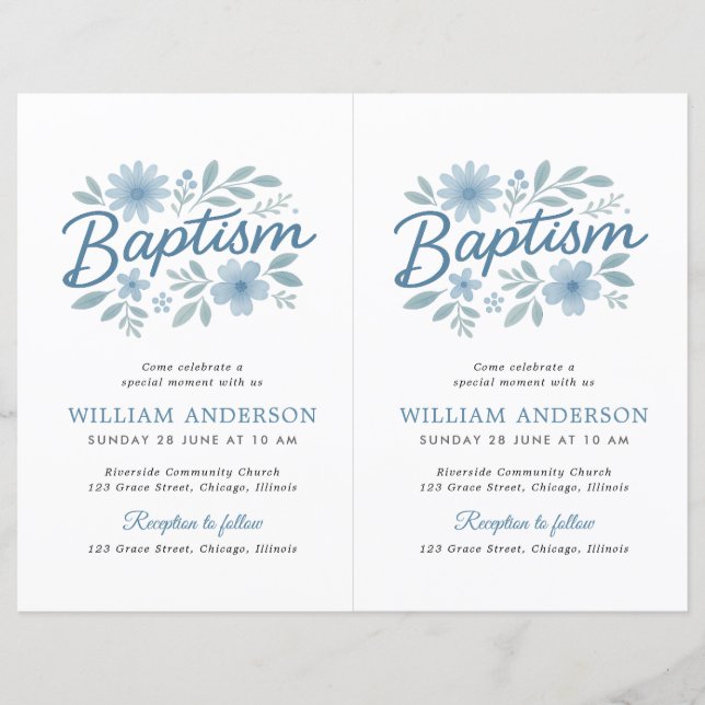 2 Budget Blue Floral Cross Baptism Invitation (Front)