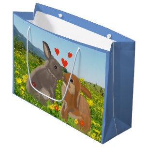 2 Bunnies Kissing in a Flower Meadow Large Easter Gift Bag