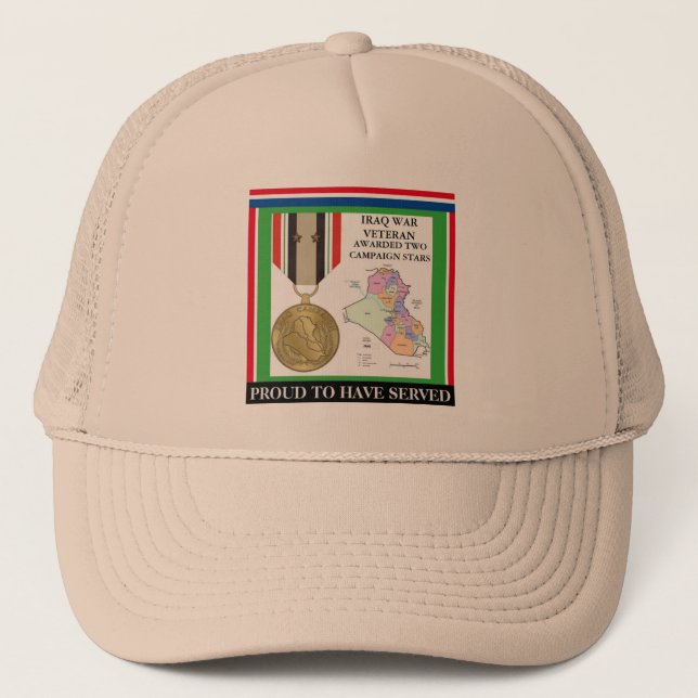 2 CAMPAIGN STARS IRAQ WAR VETERAN TRUCKER HAT (Front)