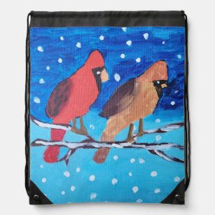 2 Cardinals on a Winter Tree Branch Drawstring Bag