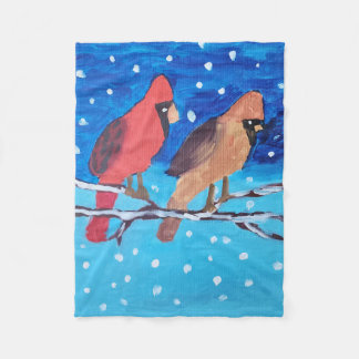 2 Cardinals on a Winter Tree Branch Fleece Blanket