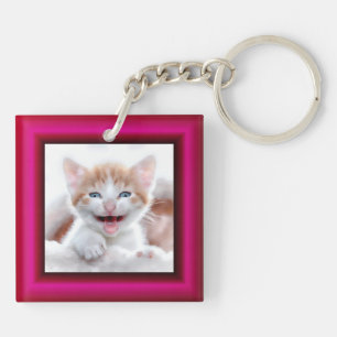 2 Cat Photo Hot Pink Border Key Ring