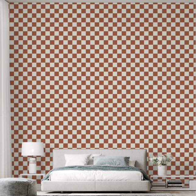 2" Chequerboard Clay Red-Brown & Ivory White Wallpaper (Bedroom)