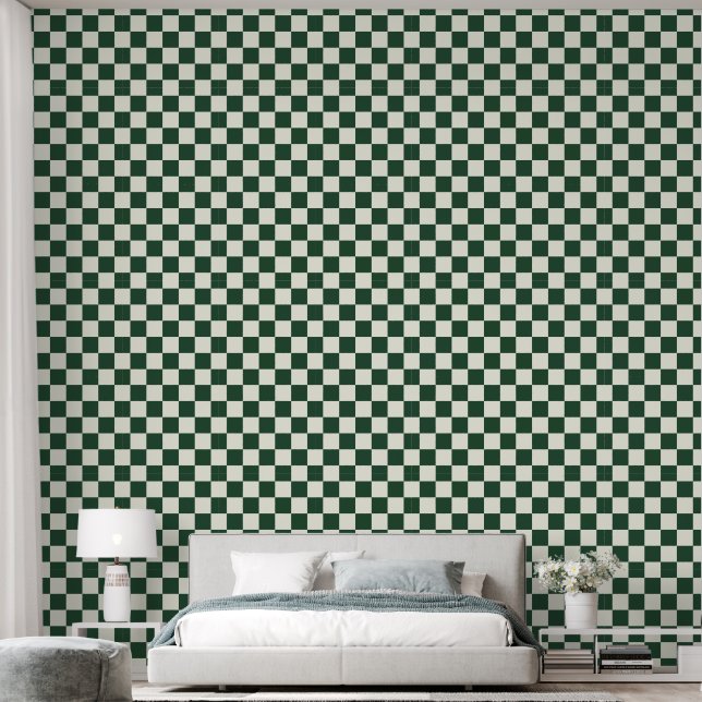 2" Chequerboard Dark Green & Ivory White Wallpaper (Bedroom)