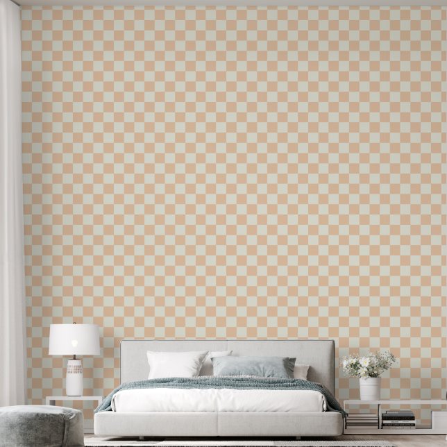 2" Chequerboard Light Peach & Ivory White Wallpaper (Bedroom)
