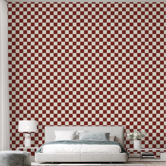 2" Chequerboard Rustic Red & Ivory White Wallpaper (Bedroom)