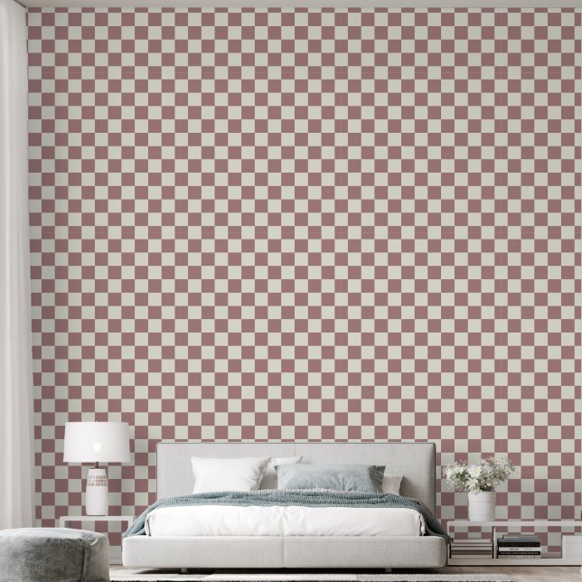 2" Chequerboard Terracotta Rose & Ivory White Wallpaper (Bedroom)