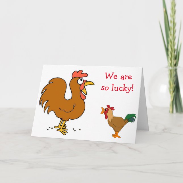 2 CHICKENS CLUCKING THEIR WISHES=MUTUAL BIRTHDAY CARD (Front)