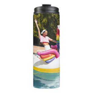 2 children riding on white and red inflatable boat thermal tumbler