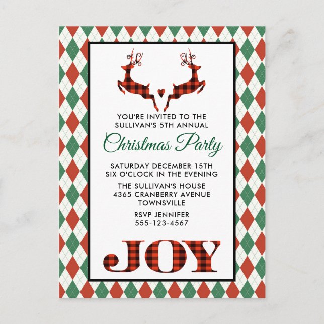 2 Christmas Deer Jumping Rustic Party Invite Postcard (Front)