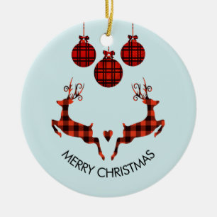 2 Christmas Deer Jumping Rustic Style Ceramic Ornament