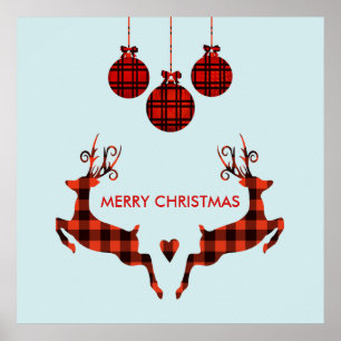 2 Christmas Deer Jumping Rustic Style Poster
