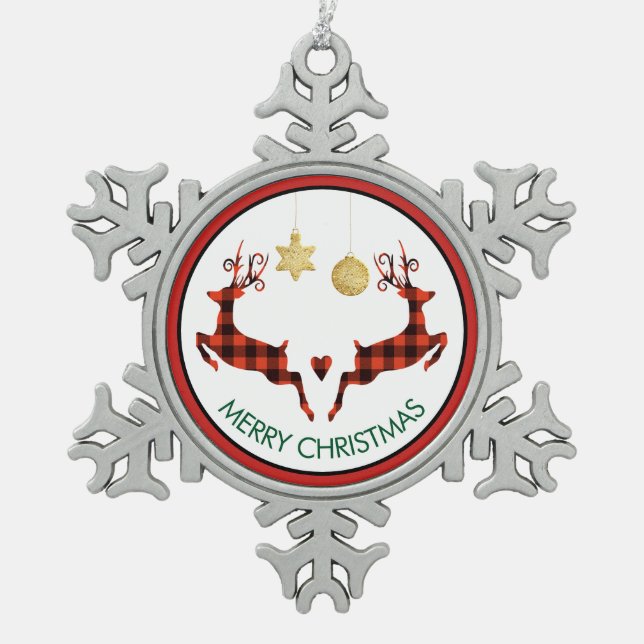 2 Christmas Deer Jumping Rustic Style Snowflake Pewter Christmas Ornament (Front)