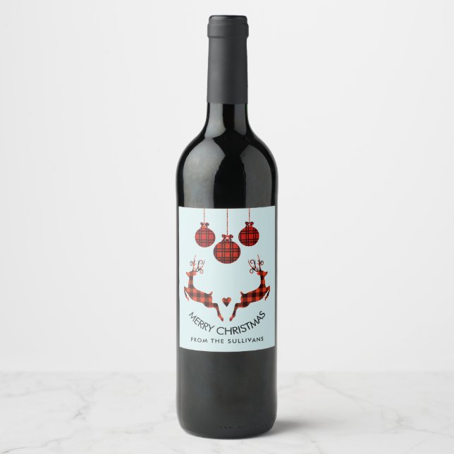2 Christmas Deer Jumping Rustic Style Wine Label (Front)