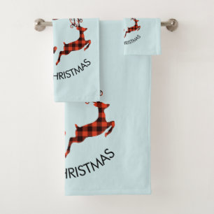 2 Christmas Reindeer Jumping Rustic Hunter Bath Towel Set
