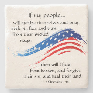 2 Chronicles 7:14 Scripture, American Flag Stone Coaster