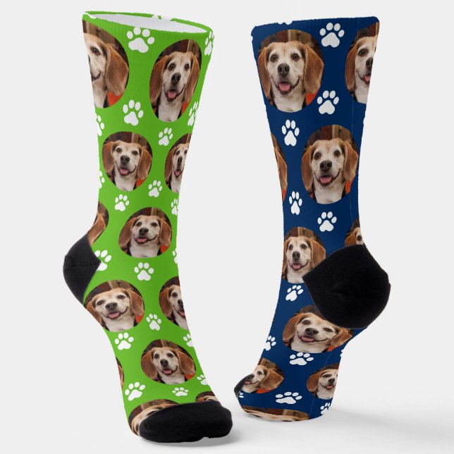 2 Colour Pet Photo Sporty Green Blue & Paw Prints  Socks (Angled)