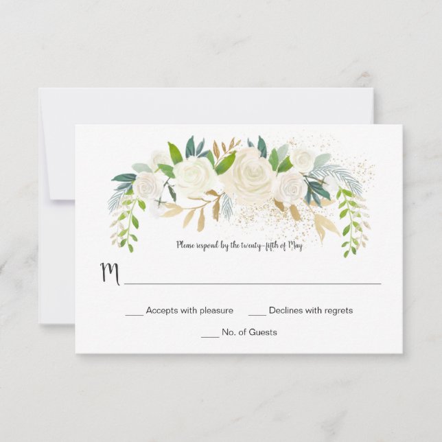 #2 Cream White Roses Glitter Greenery RSVP | (Front)