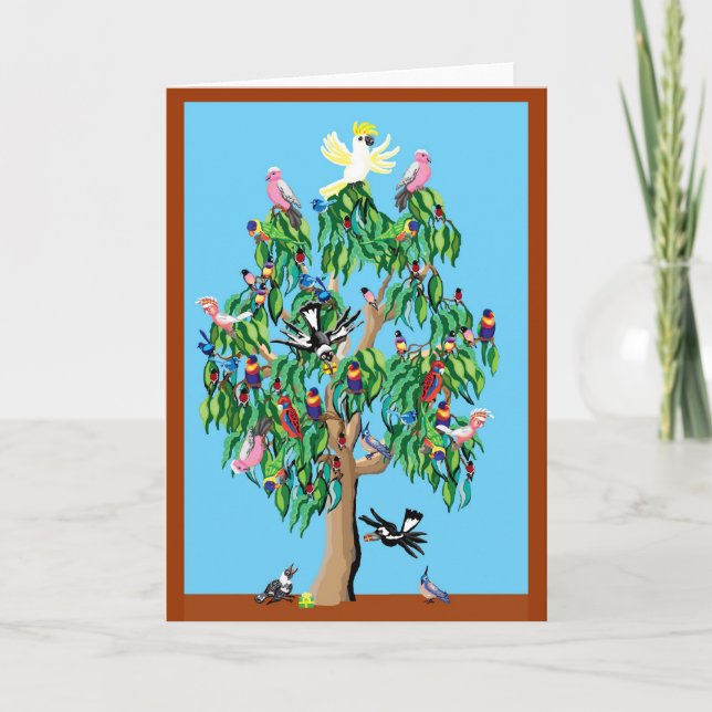 2 crimson rosellas, and a cockatoo up a gumtree holiday card (Front)