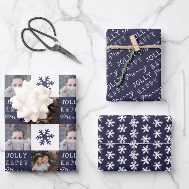 2 Custom Photos Snowflake Merry Jolly Christmas Wrapping Paper Sheet (Front)