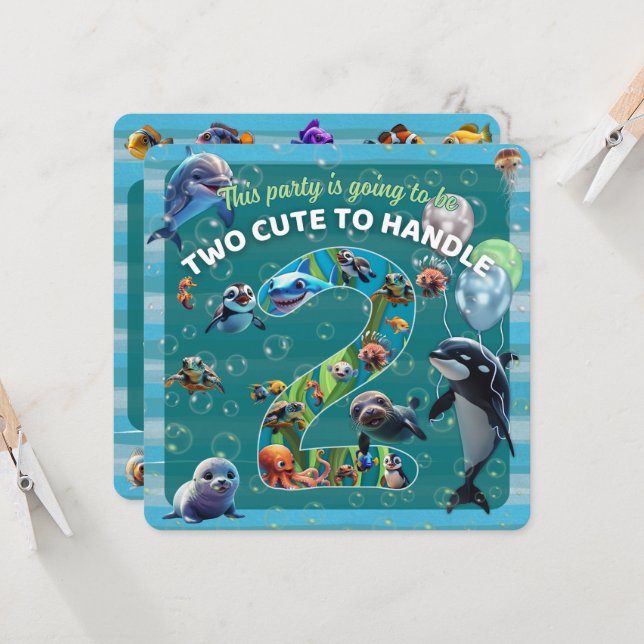 2 Cute 2 Handle Party Rounded Edge Flat Invitation (Front/Back In Situ)