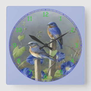2 Cute Blue Birds on Posts Square Wall Clock