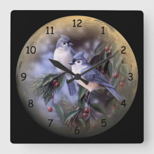 2 Cute Blue Jays on a Branch of Berries Square Wall Clock