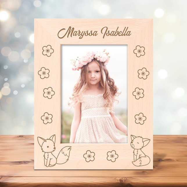 2 Cute Cartoon Foxes and Flowers Custom Text 7x5 Etched Frames (Creator Uploaded)