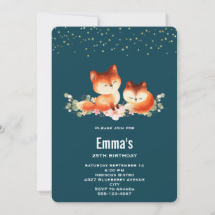 2 Cute & Cosy Little Red Foxes Birthday Invitation