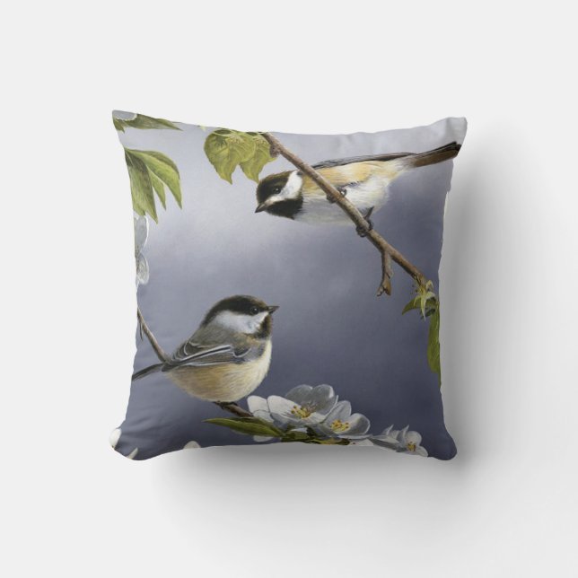 2 Cute Little Birds in a Tree Fine Art Cushion (Front)