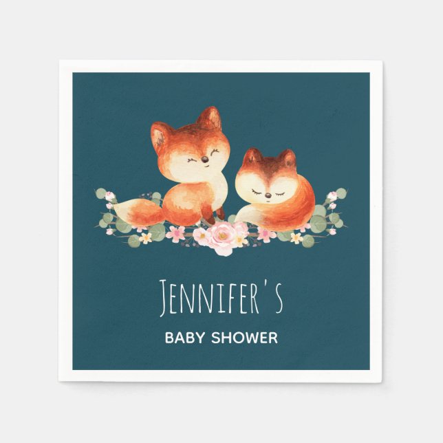 2 Cute Little Red Foxes Watercolor Baby Shower Napkin (Front)