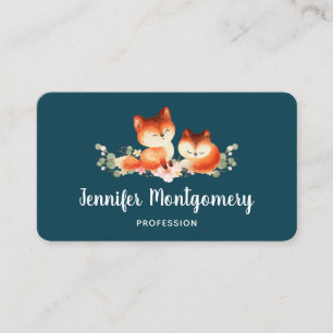 2 Cute Little Red Foxes Watercolor Design Business Card